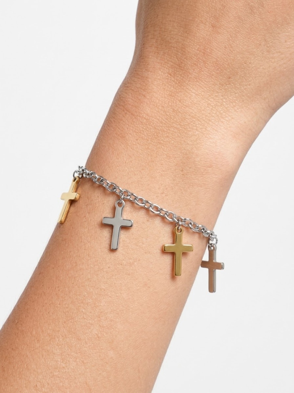 Stainless Steel Two-Tone Cross Charm Bracelet - Gold & Silver